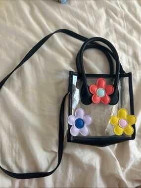 Kids Clear Crossbody Bag with Colorful Flower Appliqués - Black Trim
